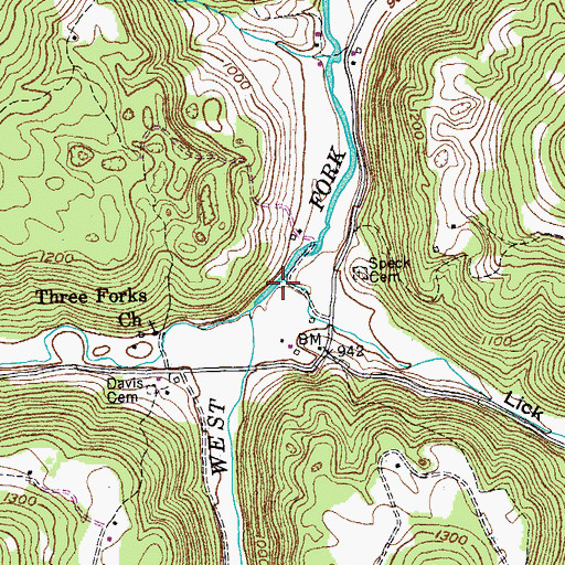 Topographic Map of Lick Hollow Branch, TN