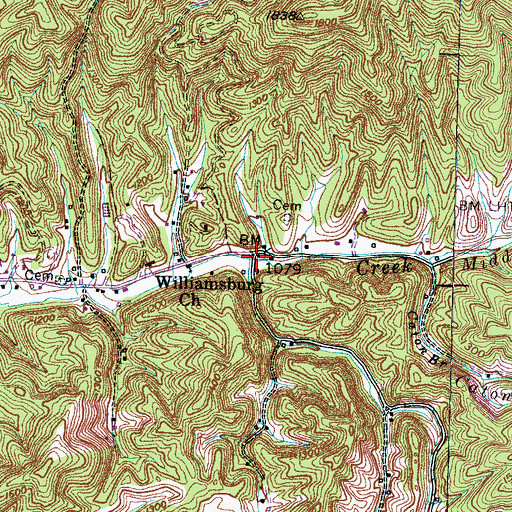 Topographic Map of Williamsburg, TN