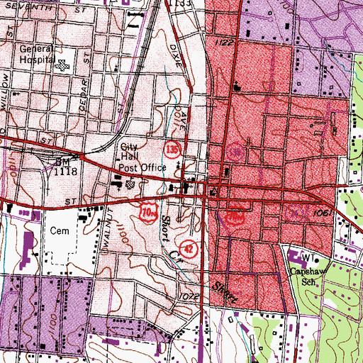 Topographic Map of Cookeville, TN