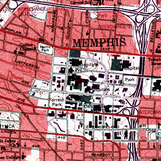 Topographic Map of E H Crump Memorial Hospital (historical), TN