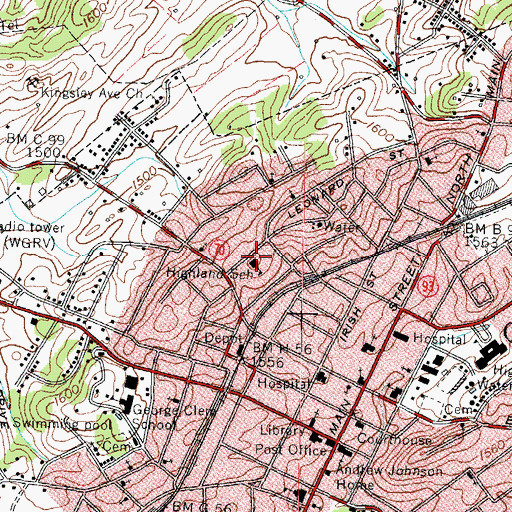 Topographic Map of Highland Elementary School, TN