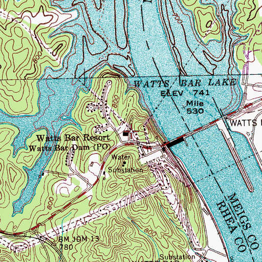 Topographic Map of Watts Bar Dam Post Office, TN