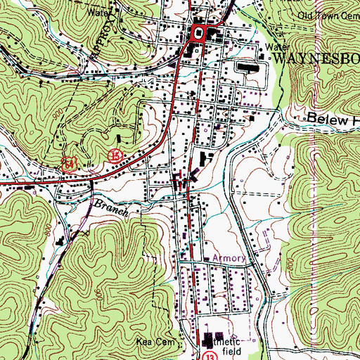 Topographic Map of Waynesboro Post Office, TN
