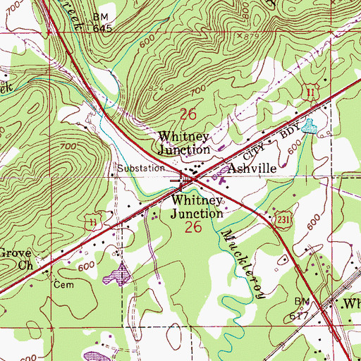 Topographic Map of Whitney Junction, AL