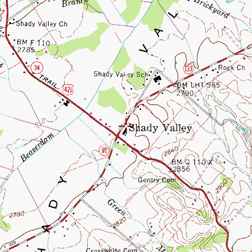 Topographic Map of Shady Valley Post Office, TN