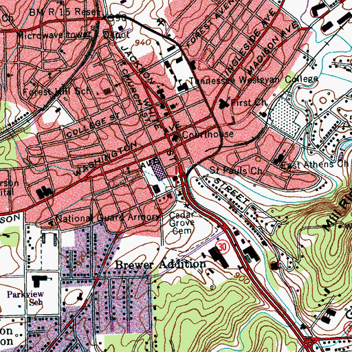 Topographic Map of Athens Post Office, TN