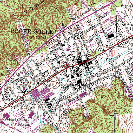 Topographic Map of Rogersville Post Office, TN