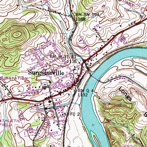 Topographic Map of Surgoinsville Post Office, TN
