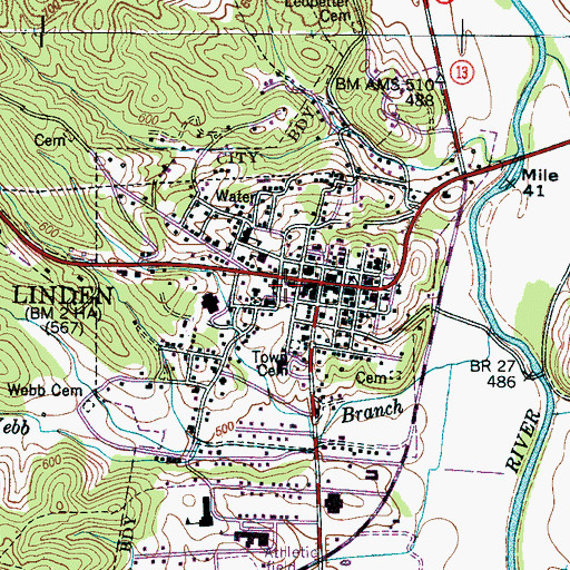 Topographic Map of Linden Post Office, TN
