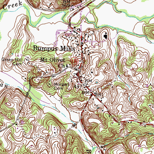Topographic Map of Bumpus Mills Post Office, TN
