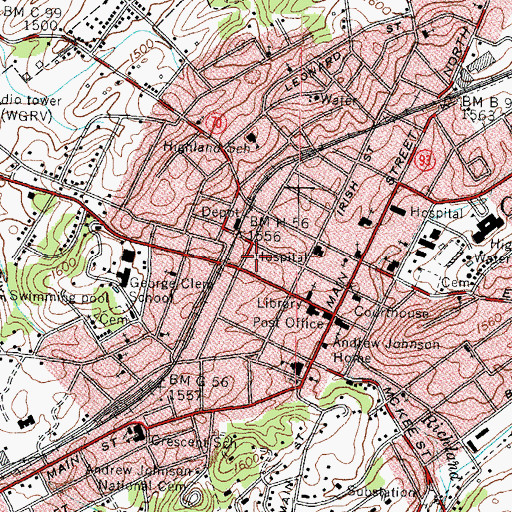 Topographic Map of Greeneville Post Office, TN
