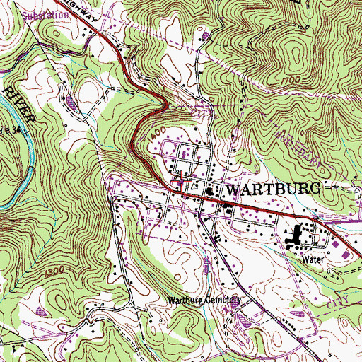 Topographic Map of Wartburg Post Office, TN
