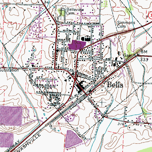 Topographic Map of Bells Post Office, TN