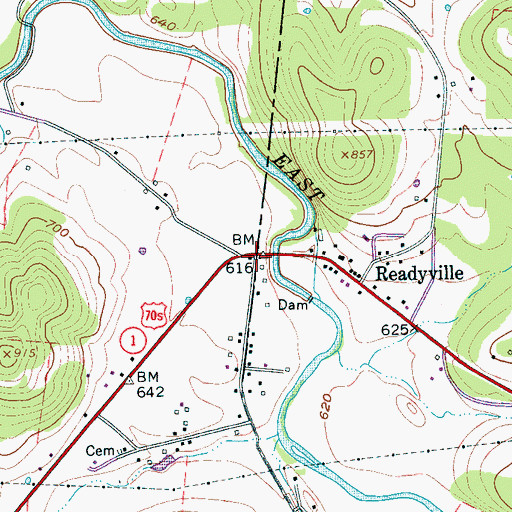 Topographic Map of Readyville Post Office, TN