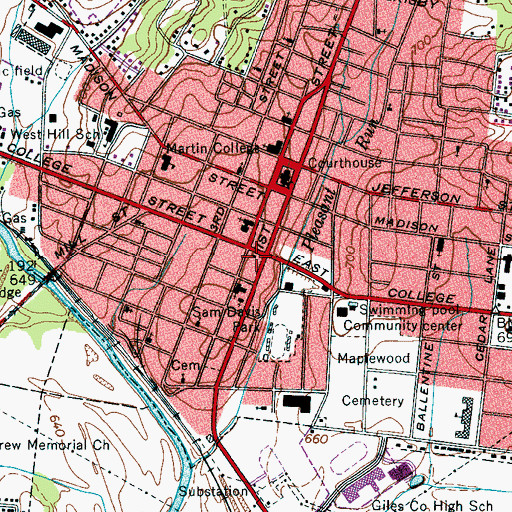 Topographic Map of Pulaski Post Office, TN