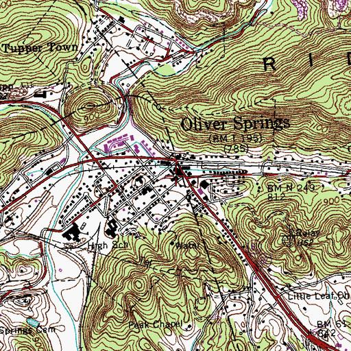 Topographic Map of Oliver Springs Post Office, TN