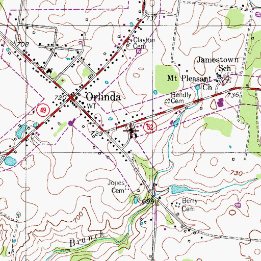 Topographic Map of Orlinda Post Office, TN
