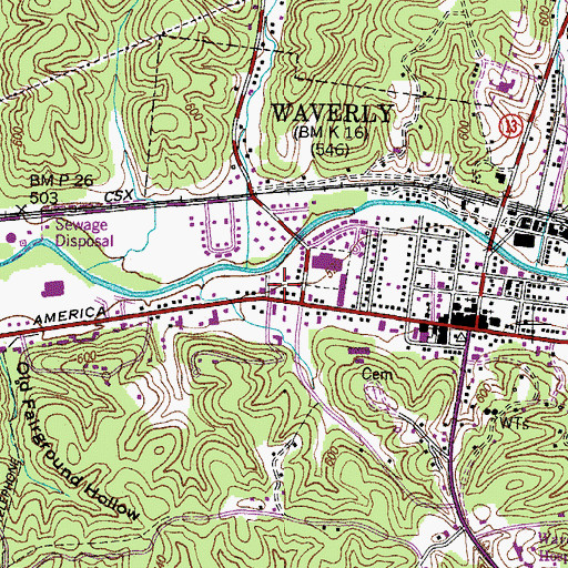 Topographic Map of Waverly Post Office, TN