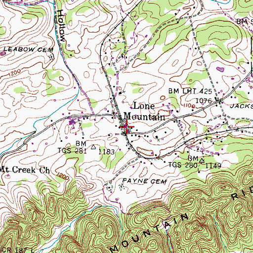 Topographic Map of Lone Mountain Post Office, TN