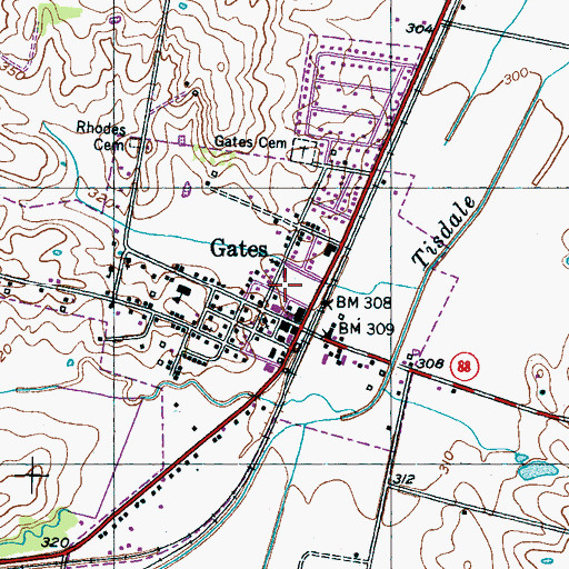 Topographic Map of Gates Post Office, TN