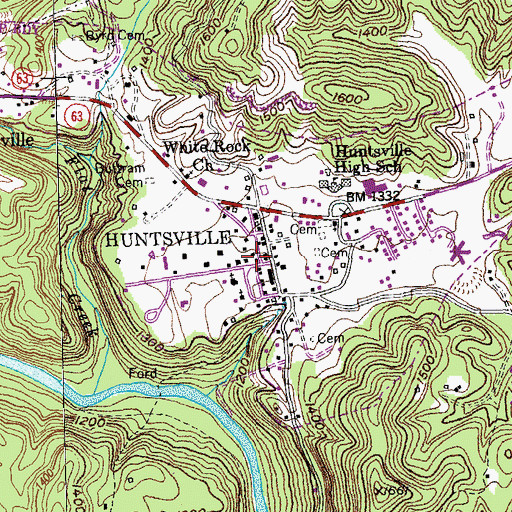 Topographic Map of Huntsville Post Office, TN