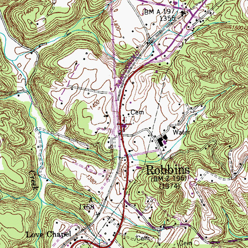 Topographic Map of Robbins Post Office, TN
