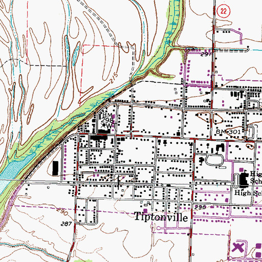 Topographic Map of Tiptonville Post Office, TN