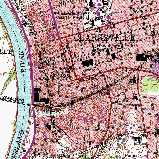 Topographic Map of Downtown Clarksville Post Office, TN