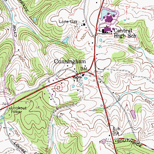 Topographic Map of Cunningham Post Office, TN