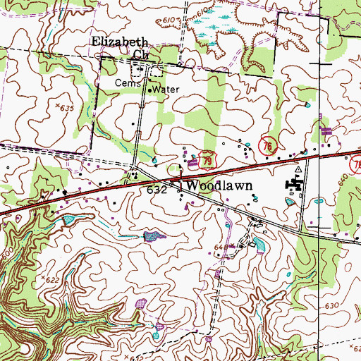 Topographic Map of Woodlawn Post Office, TN