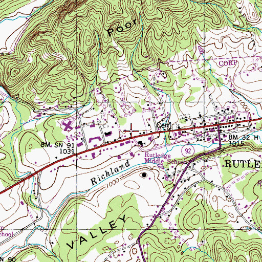 Topographic Map of Rutledge Post Office, TN