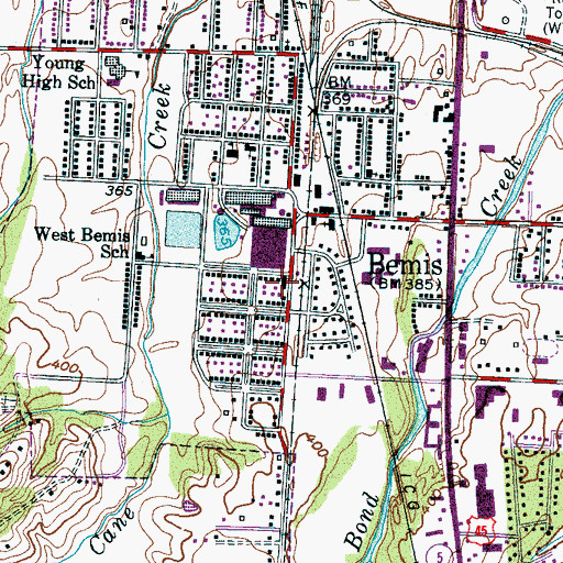 Topographic Map of Bemis Post Office, TN