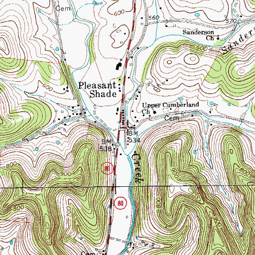 Topographic Map of Pleasant Shade Post Office, TN