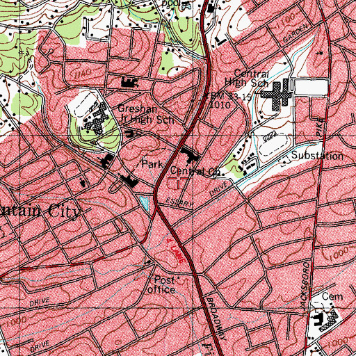 Topographic Map of Fountain City Post Office, TN