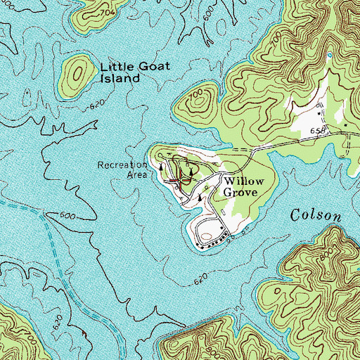 Topographic Map of Willow Grove Recreation Area, TN