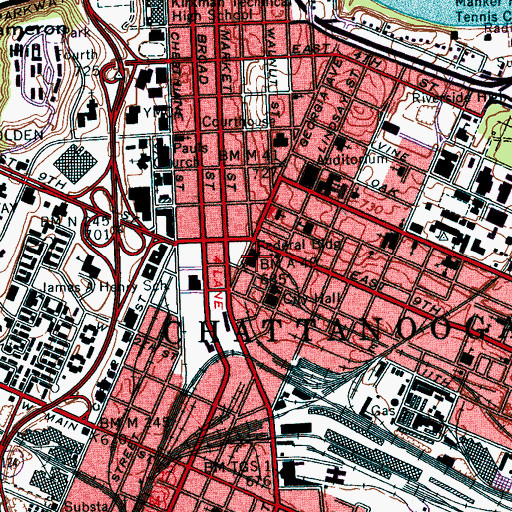 Topographic Map of Downtown Chattanooga Post Office, TN