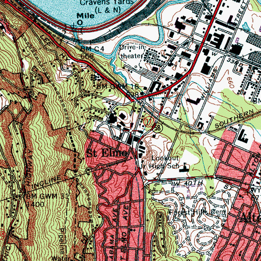 Topographic Map of South Station Chattanooga Post Office, TN