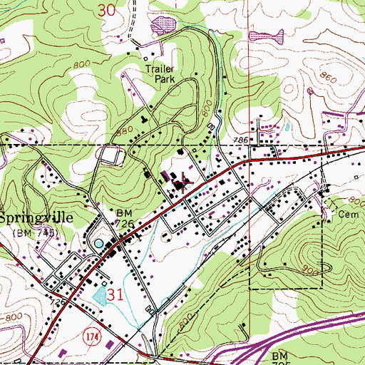 Topographic Map of Springville High School, AL