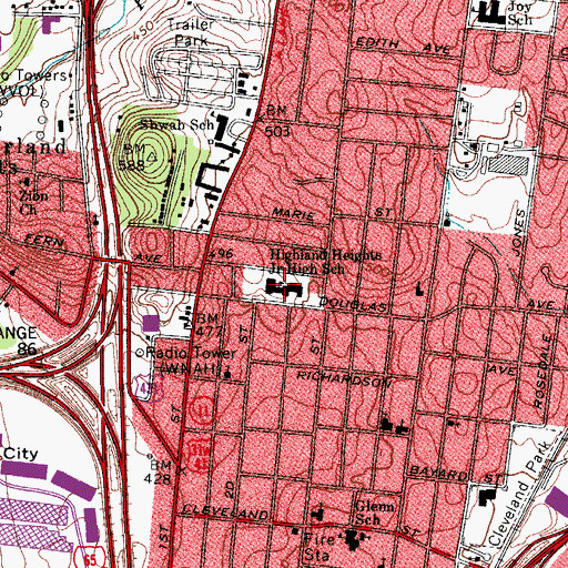 Topographic Map of Highland Heights Middle School, TN
