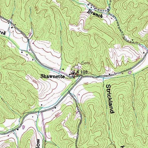 Topographic Map of Shawnette, TN