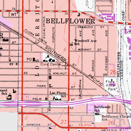 Topographic Map of Bellflower, CA