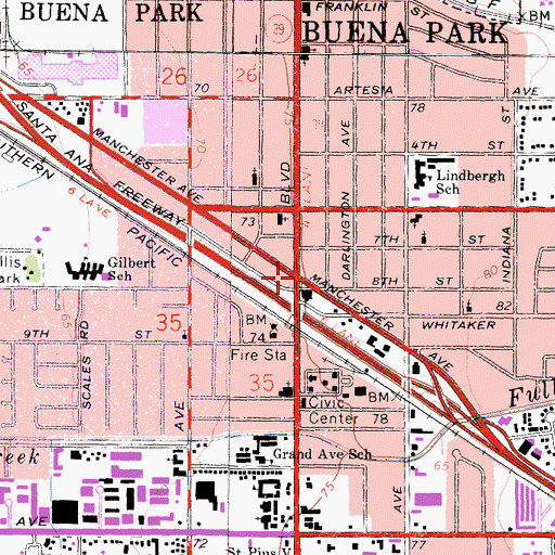 Topographic Map of Buena Park, CA
