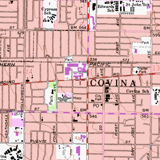 Topographic Map of Covina, CA
