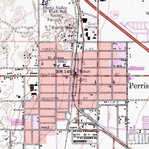 Topographic Map of Perris, CA