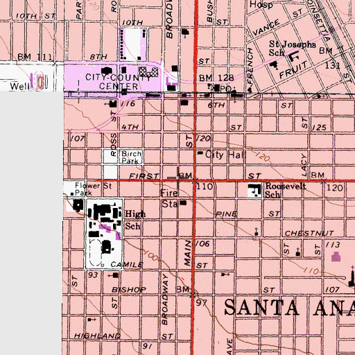 Topographic Map of Santa Ana, CA