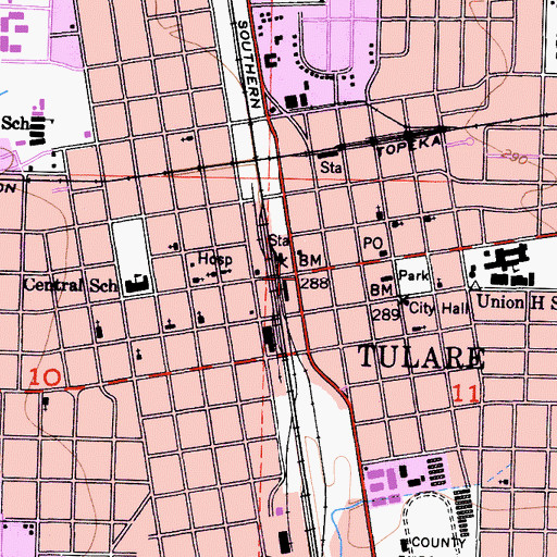 Topographic Map of Tulare, CA