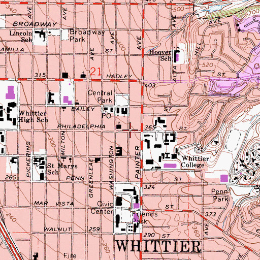 Topographic Map of Whittier, CA