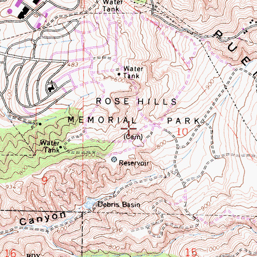 Topographic Map of Rose Hills Memorial Park - Cemetery, CA