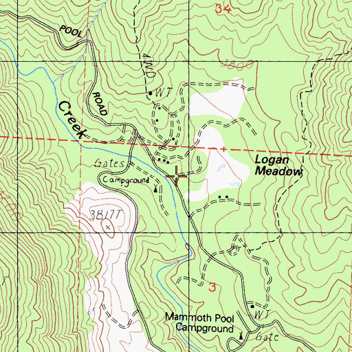 Topographic Map of Logan Meadow Campground, CA