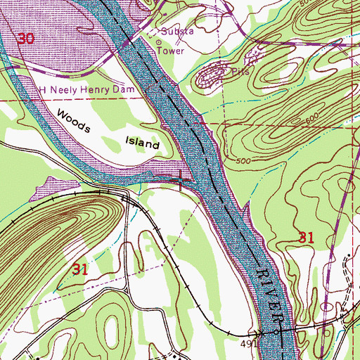 Topographic Map of Lock Number Three (historical), AL
